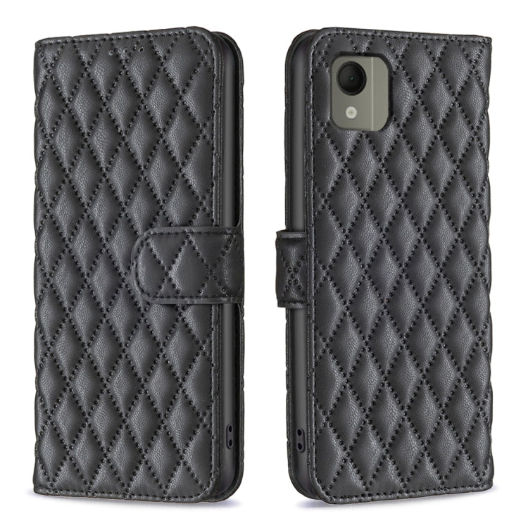 Black leather wallet flip phone case with diamond lattice pattern and front strap