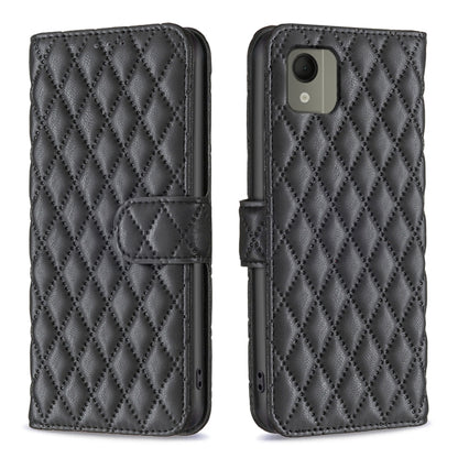 Black leather wallet flip phone case with diamond lattice pattern and front strap
