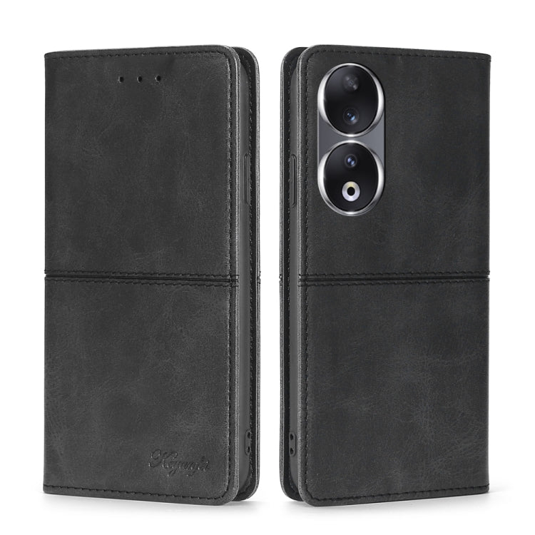 Magnetic leather phone case, black folio style with camera openings and stitched closure