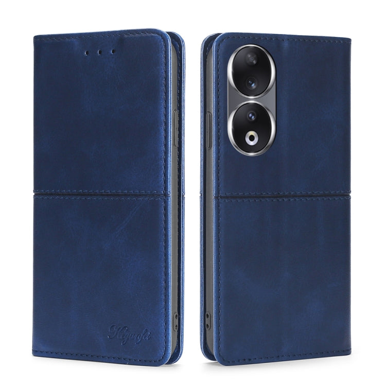 Magnetic leather phone case, blue folio style with camera openings and stitched panel