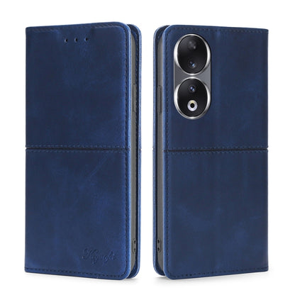 Magnetic leather phone case, blue folio style with camera openings and stitched panel