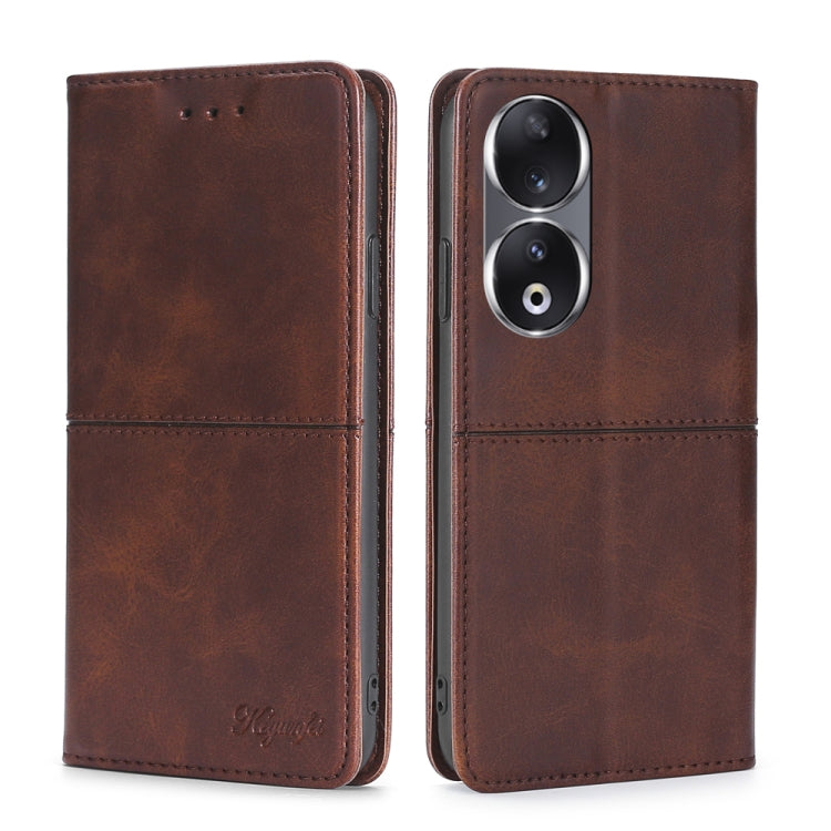 Magnetic leather phone case, dark brown folio style with camera openings and stitched trim