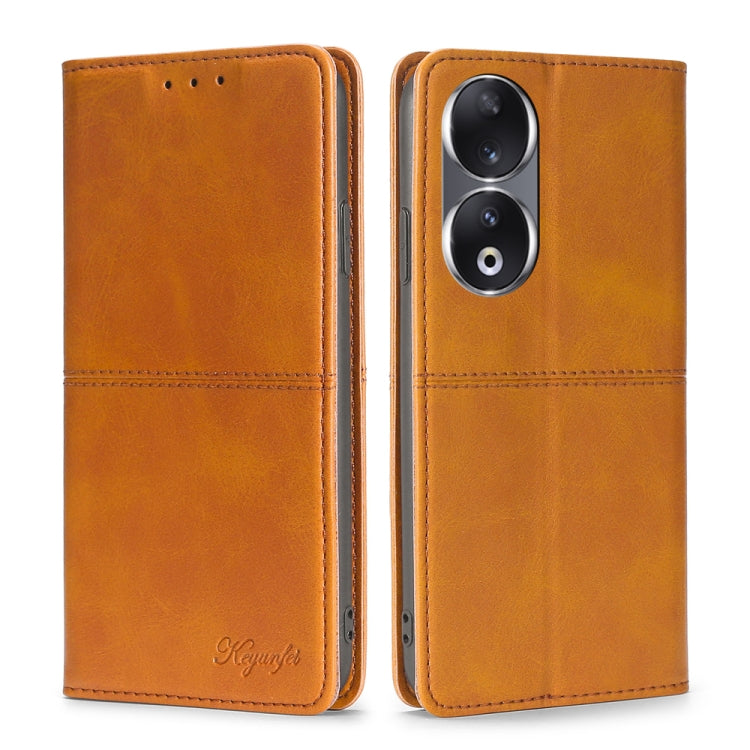 Magnetic leather phone case, light brown folio style with camera openings and stitched edges