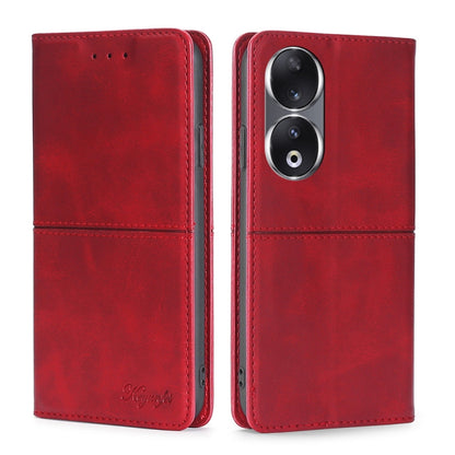 Magnetic leather phone case, red folio style with camera openings and stitched closure