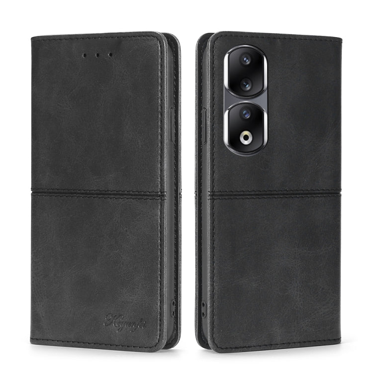 Magnetic leather phone case, black flip cover with camera cutouts and stitched edges