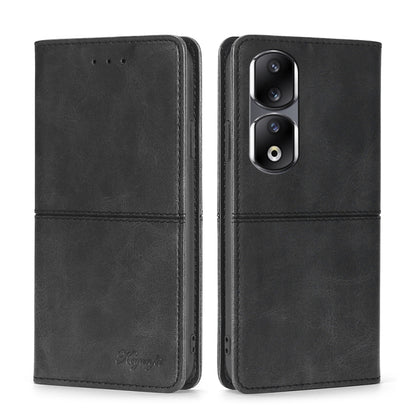 Magnetic leather phone case, black flip cover with camera cutouts and stitched edges