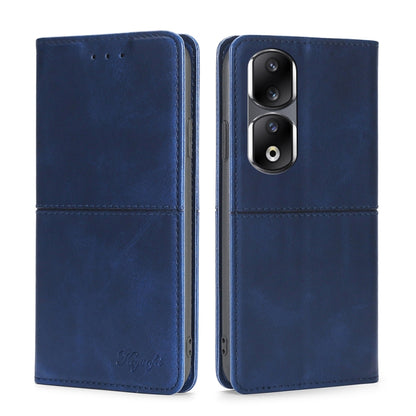 Magnetic leather phone case, blue flip cover with camera cutouts and stitched front panel