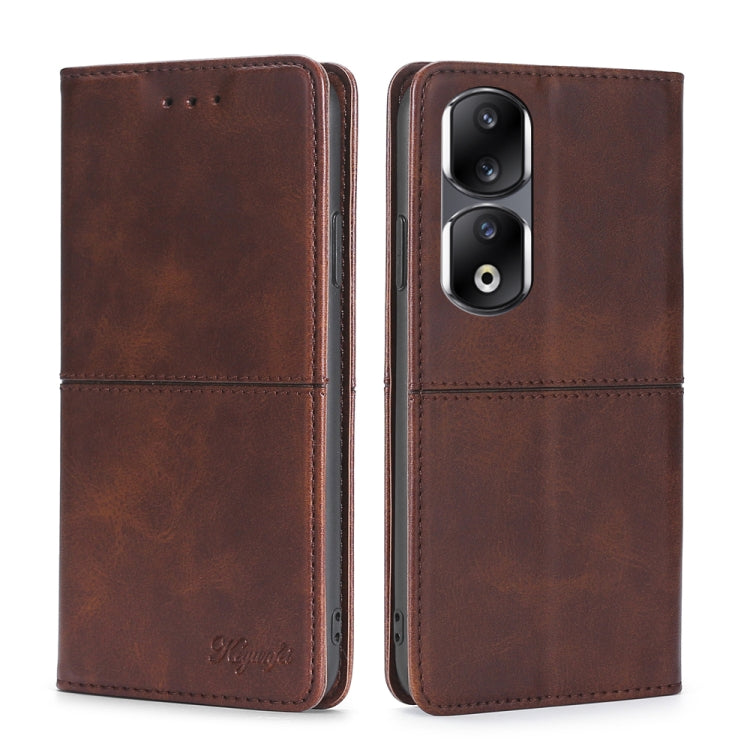 Magnetic leather phone case, dark brown flip cover with camera cutouts and seam stitching