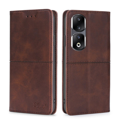 Magnetic leather phone case, dark brown flip cover with camera cutouts and seam stitching