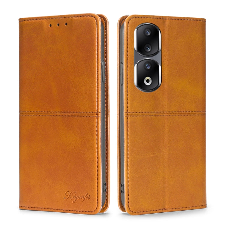 Magnetic leather phone case, light brown flip cover with camera cutouts and stitched trim