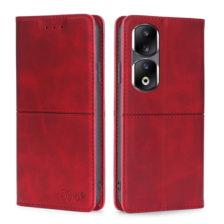 Magnetic leather phone case, red flip cover with camera cutouts and stitched front