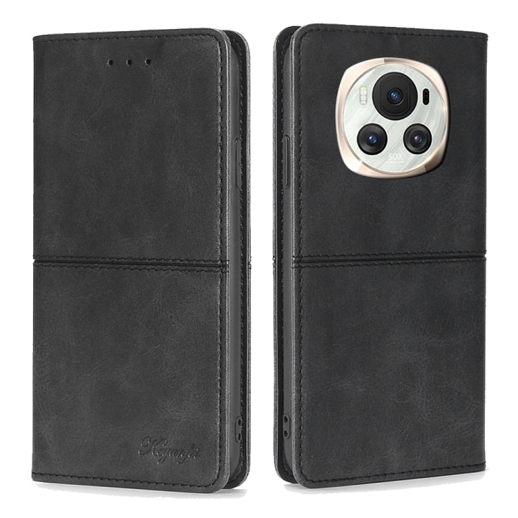 Cow texture magnetic leather phone case with flap, dark black finish