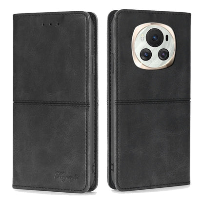Cow texture magnetic leather phone case with flap, dark black finish