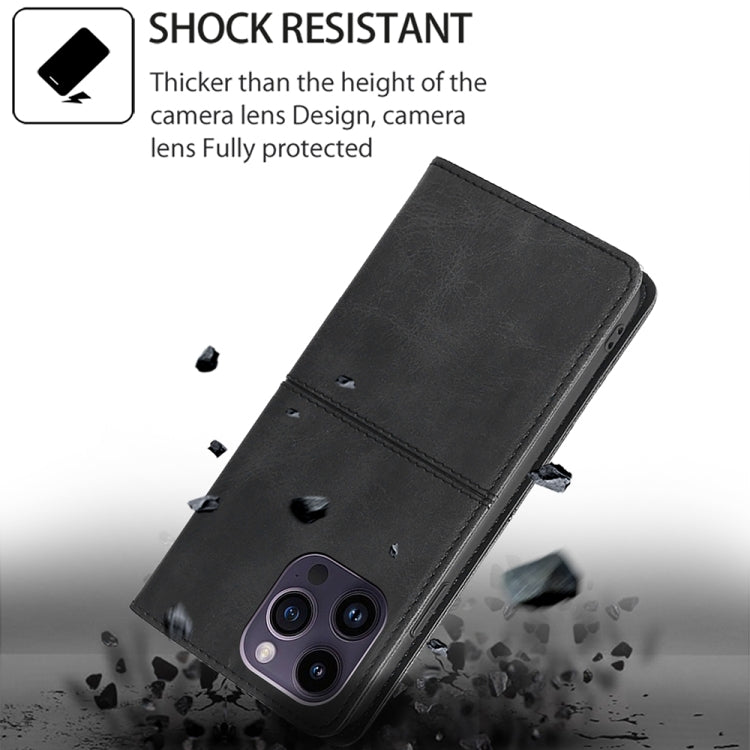 Cow texture magnetic leather phone case, dark black with camera cutout and strap