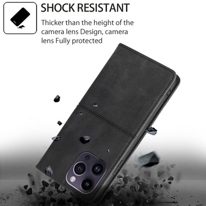 Cow texture magnetic leather phone case, dark black with camera cutout and strap