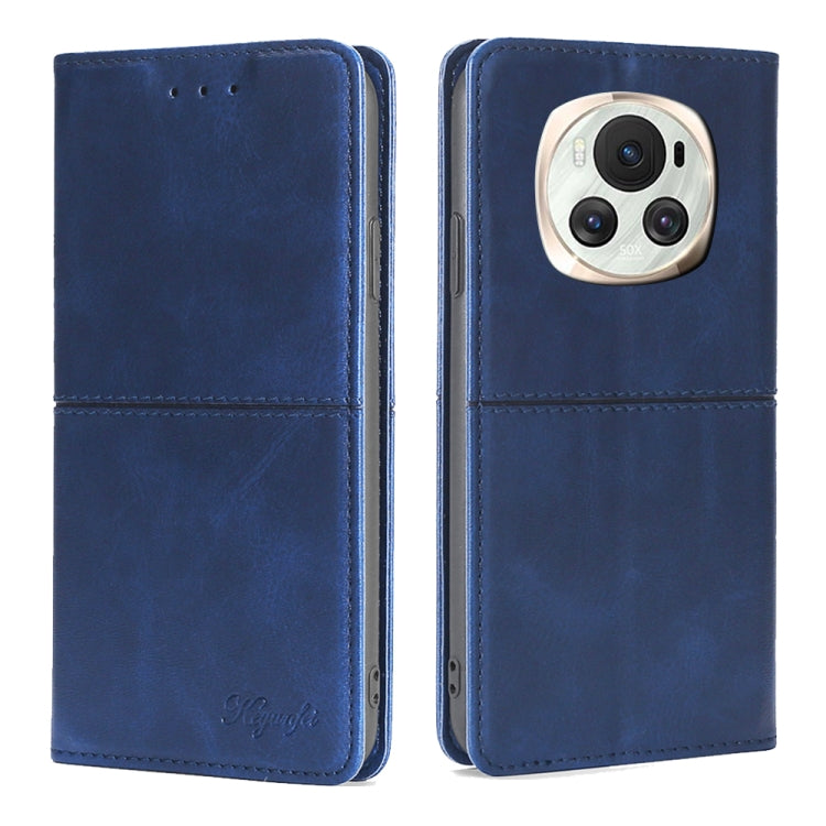 Cow texture magnetic leather phone case with flap, blue with camera cutout