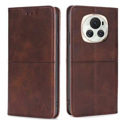 Cow texture magnetic leather phone case with flap, dark brown and camera cutout