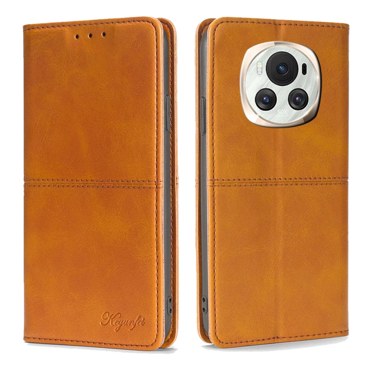 Cow texture magnetic leather phone case with flap, light brown with camera cutout