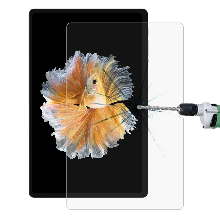 Tempered glass screen protector on tablet display with shattered glass impact test effect