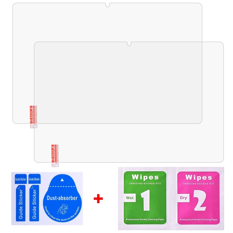 Two-pack tablet tempered glass screen protectors with cleaning wipes and dust-absorber sticker