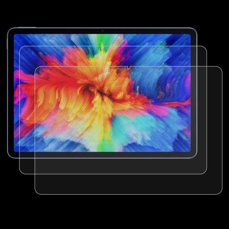 2-pack 9H tempered glass screen protector, clear film over tablet with blue/red wallpaper