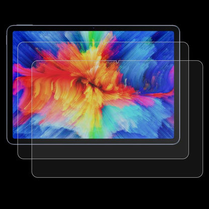 2-pack 9H tempered glass screen protector, clear film over tablet with blue/red wallpaper