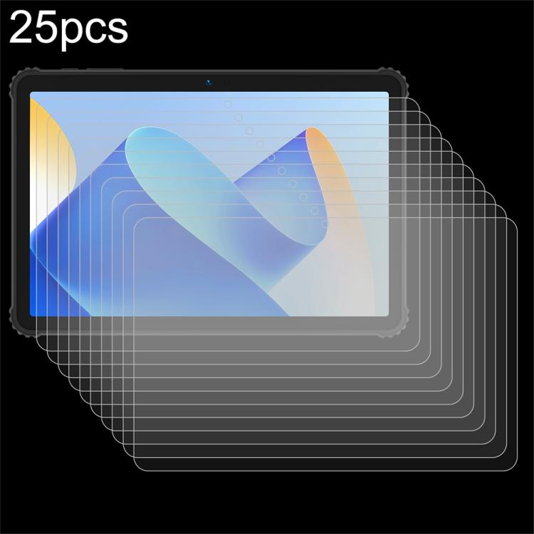 25-pack tempered glass screen protectors with abstract image visible on tablet screens