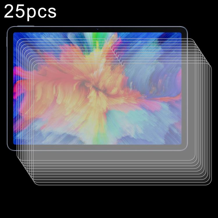 25-pack tempered glass screen protector film set for tablet screens, stacked with frame guides