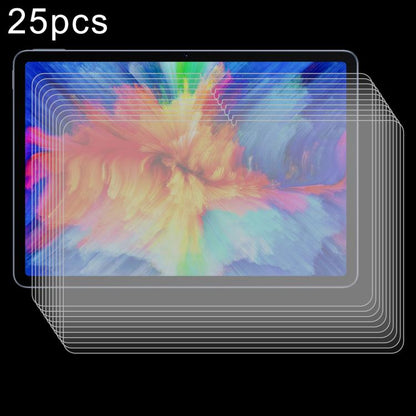 25-pack tempered glass screen protector film set for tablet screens, stacked with frame guides
