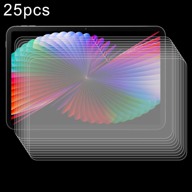 25-pack tempered glass screen protector film set for tablet screens, stacked with precision outlines