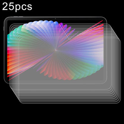 25-pack tempered glass screen protector film set for tablet screens, stacked with precision outlines