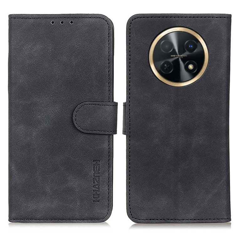 Black flip leather phone case with camera cutout on back and secure side flap.