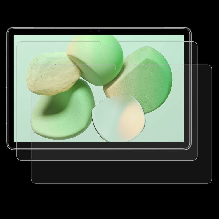 Tablet screen protector tempered glass film set, clear protector film shown on screen