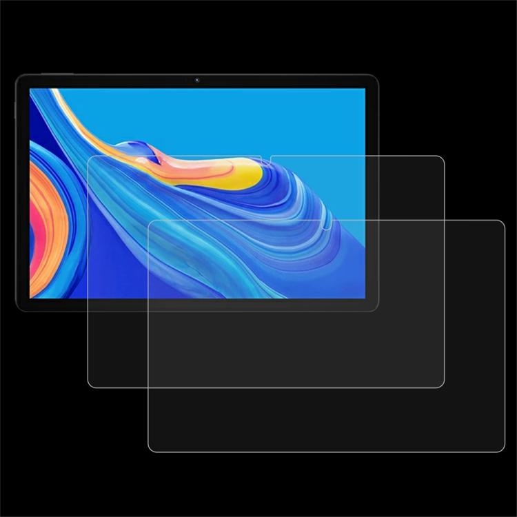 Tablet screen protector tempered glass film set, clear overlays aligned on screen
