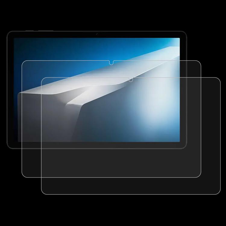 Tempered glass screen protector film pair overlaying a tablet screen, glossy and clear.