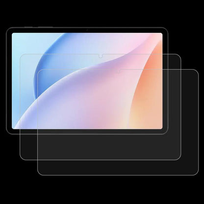 Tablet tempered glass screen protector film set (2-pack), clear films layered on pastel display