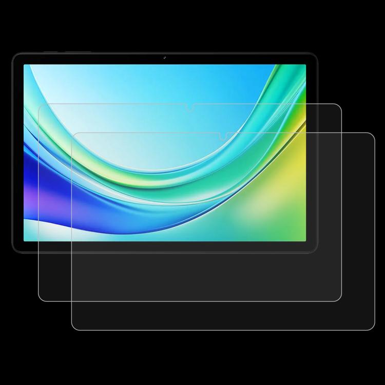 Tempered glass screen protector film pair on tablet display with curved edge fit.
