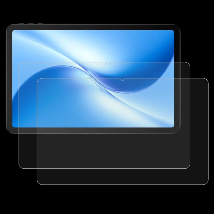 Tablet tempered glass screen protector film set (2-pack), clear films layered on blue display