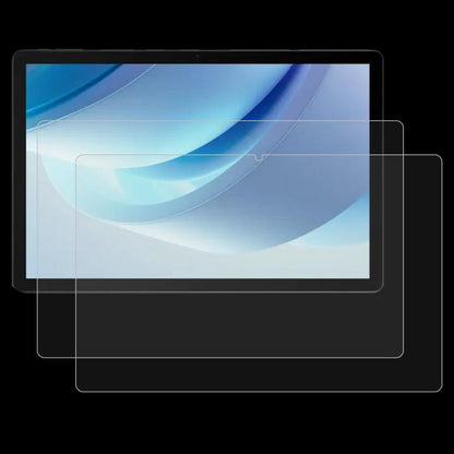Tablet tempered glass screen protector film set (2-pack), clear films layered on light blue screen