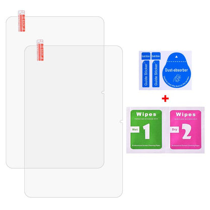 Two clear tempered glass screen protector sheets with installation wipes included.