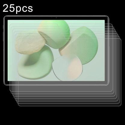 25-pack clear tempered glass screen protector films, tablet display with green flower shapes