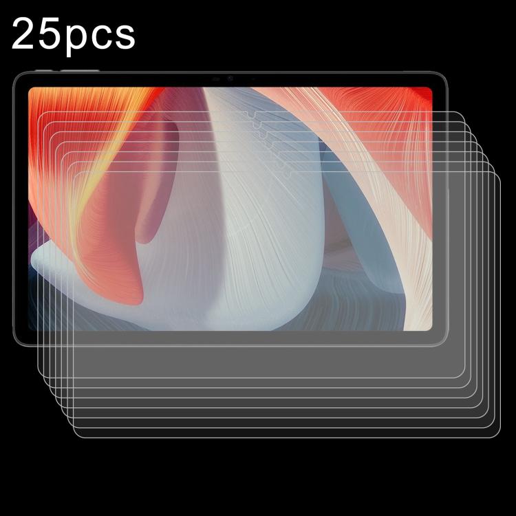 25-pack clear tempered glass screen protector films, tablet display with red and blue abstract