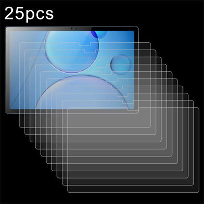25-pack clear tempered glass screen protector films, tablet display with blue map-like lines