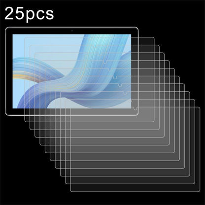25-pack clear tempered glass screen protector films, tablet display with blue wave artwork