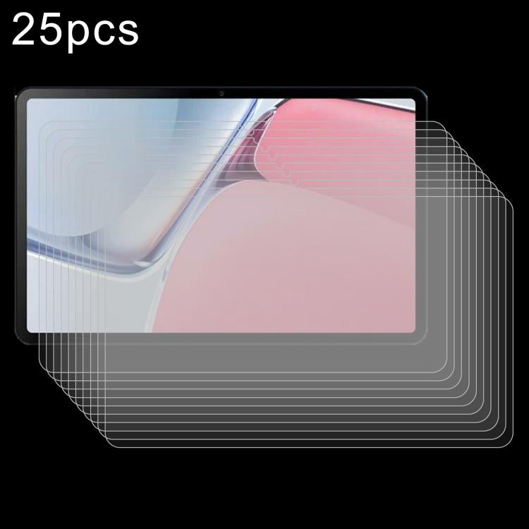 25-pack clear tempered glass screen protector films, tablet display with pink and blue artwork