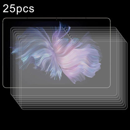 25-pack clear tempered glass screen protector films, tablet display with white flower artwork