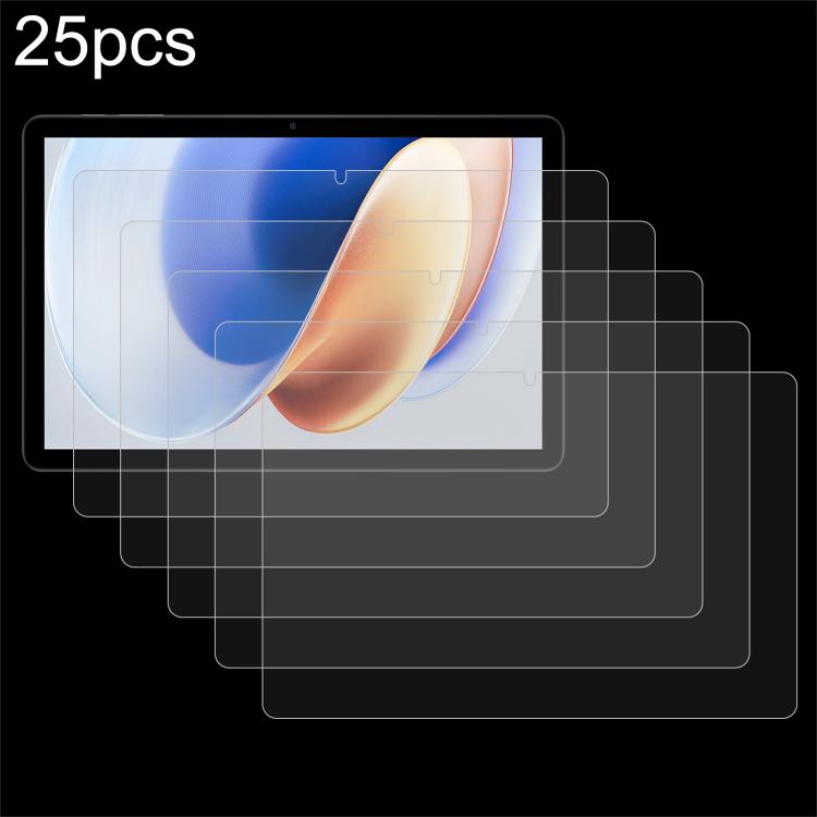 Tablet screen protector set with multiple clear tempered glass films layered over display.