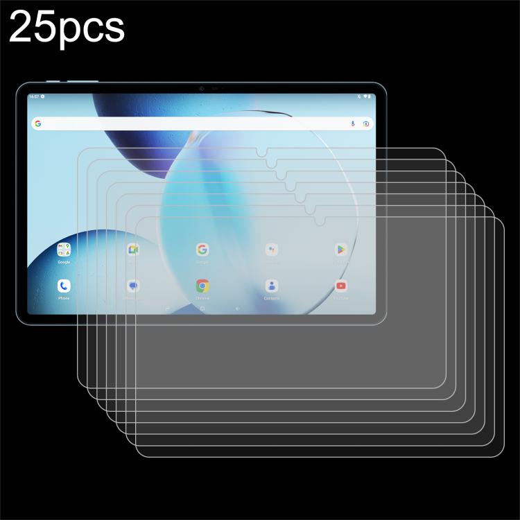 Tablet tempered glass film set, multiple clear protective sheets aligned to the screen.