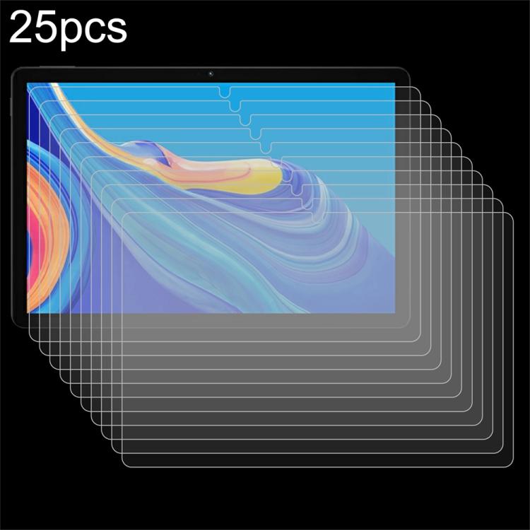 25-pack clear tempered glass screen protector films, tablet display with blue patterned wallpaper