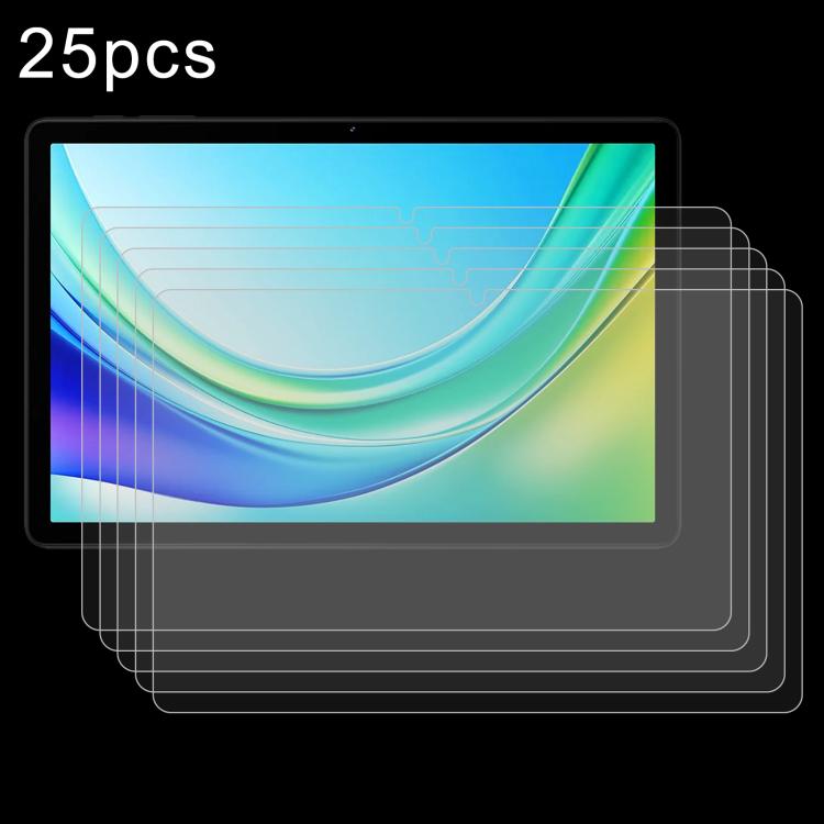 Tablet screen protector tempered glass film set, 25 pcs, stacked over a colorful screen preview.